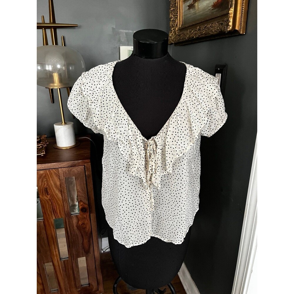Anthropologie Maeve Sheer Ivory Black polkadot Cotton Ruffle Blouse Cottagecore